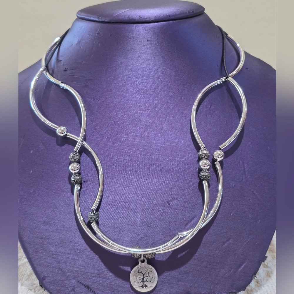 Boho Silver Black TREE OF LIFE Charm Convertible Wrap Bracelet & Necklace in One
